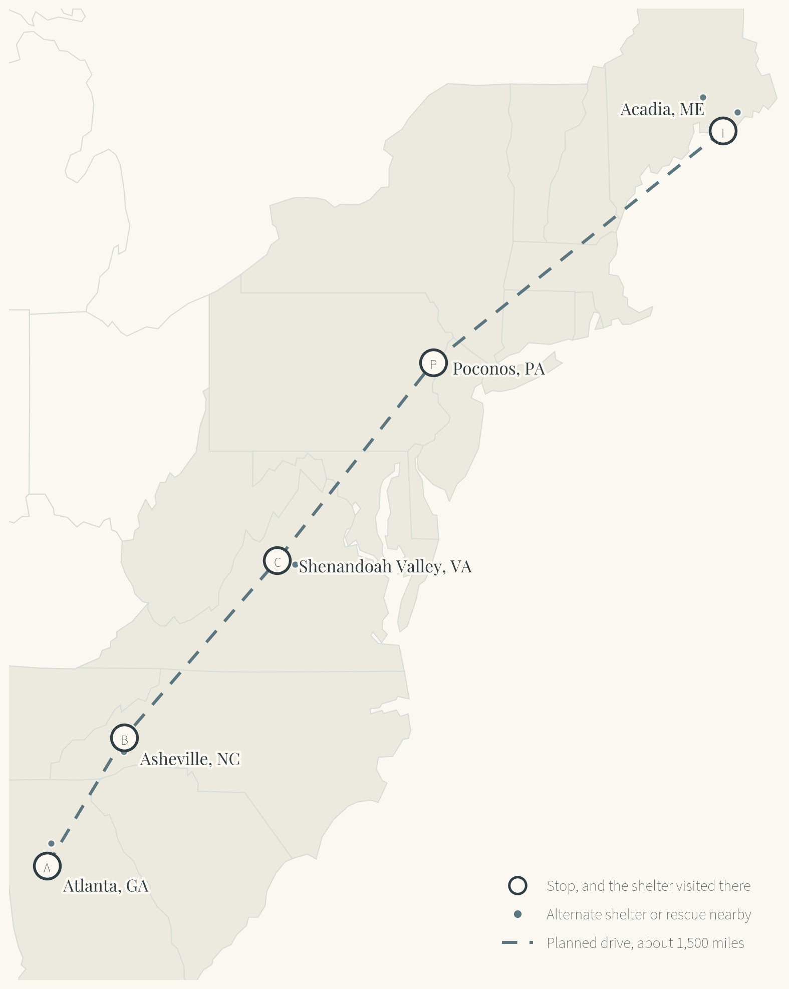 Map of the route from Atlanta to Acadia with the five stops marked